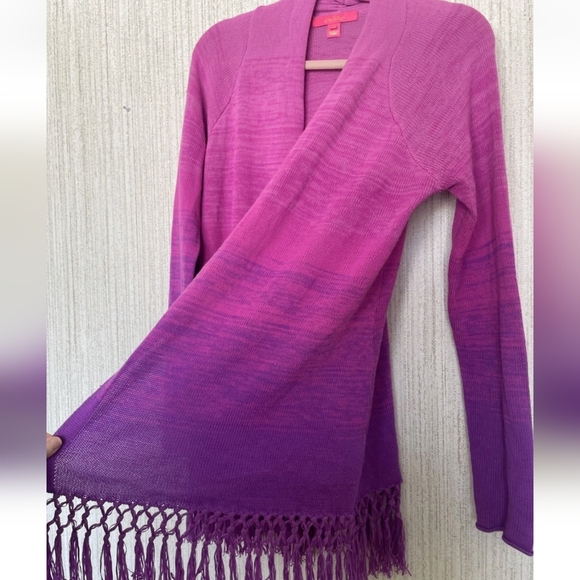 Lilly Pulitzer Size Medium Tatum Ombre Cardigan Orchid Oasis Pink Purple Fringe - Picture 10 of 15